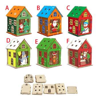 Ofärdigt träpussel 3D-julhus, 6 olika stilar ihåliga snidade träjulstuga, gör-det-själv-målningsträpusselbitar, för julhemdekoration, julgransdekoration, skrivbordsprydnad