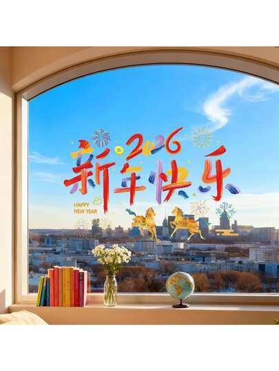 2026新年装饰彩色静电贴纸，新年装饰贴纸，照片氛围贴纸。营造新年氛围。静电贴纸，无需胶水，不伤玻璃或油漆，易撕易贴，静电吸附，不留残胶，省时省力，高端优雅，多场景适用：室内、室外、餐厅、酒店等。