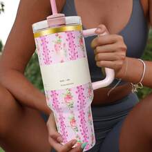 Compatible With Stanley 40 Oz H2.0 Tumbler With Handle, Double Walled Vacuum Insulated Stainless Steel Water Bottle Premium Summer Drinkware Portable Handy Flask Travel Mug Iced Coffee Cup For Outdoor Camping, Hiking, Driving, Travel, Perfect Gift Idea - 粉色 - 查看 3