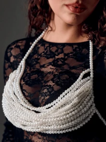 1pc High-Quality Luxury Multi-Layer Pearl Women Camisole Top, Handmade Knotted Fashionable Sexy Pearl Body Chain - White - View 7