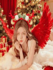 圣诞天使羽毛翅膀和鹿角头箍套装 - 节日派对服装道具、雪景拍照道具、头饰配饰、场景装饰、可调节肩带，适合儿童和成人、服装秀、DIY派对道具、角色扮演、红色天使翅膀派对、圣诞派对装饰、圣诞服装用品 - 彩色 - 查看 3