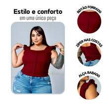 Women's Summer Plus Size Cropped Blouse With Ruffled Sleeves, Button Detail, Back Zipper, Curve Look, Sizes 44 To 54 - Burdeos - Ver 4