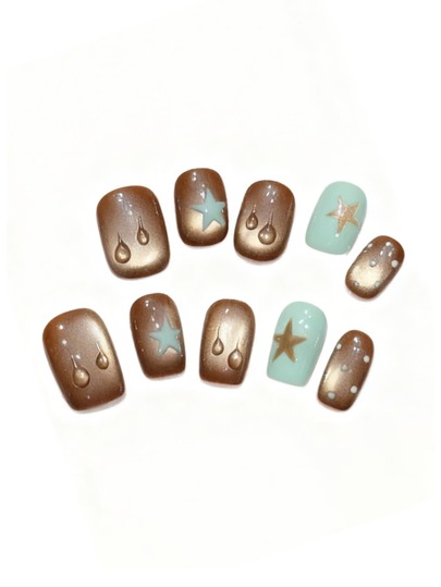10 pezzi di unghie finte corte e quadrate, realizzate a mano, di colore marrone e verde con effetto occhio di gatto e stelle, carine, delicate, con riflessi, adatte a donne e ragazze, per primavera, estate, autunno, inverno, per vacanze e uso quotidiano