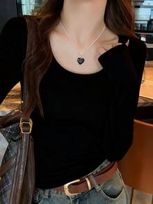 女士纯棉长袖T恤，百搭黑色U领修身套头衫，秋冬季 - 黑色 - 查看 3