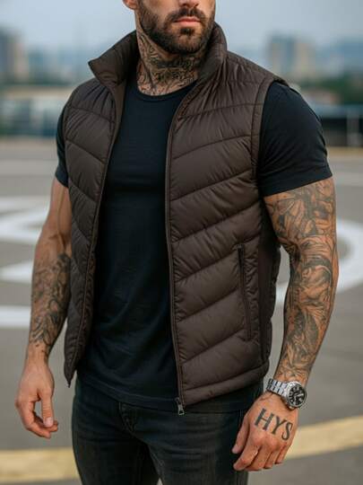 Chaleco Acolchado Negro para Hombre con Bolsillos, Cierre Frontal, Estilo Urbano Casual-Formal, Cardigan de ajuste