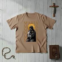 Men's Catholic T-Shirt With Minimalist Print "Maria" 100% Cotton Premium Shirt - Khaki - View 1