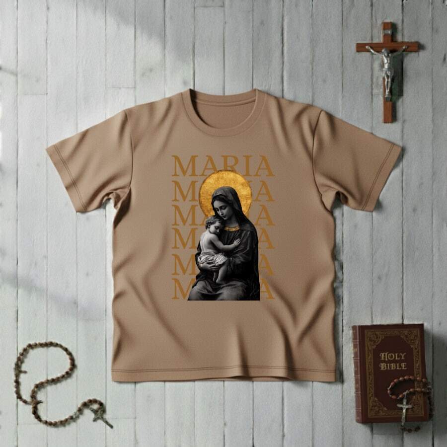 Men's Catholic T-Shirt With Minimalist Print "Maria" 100% Cotton Premium Shirt - Khaki - View 1