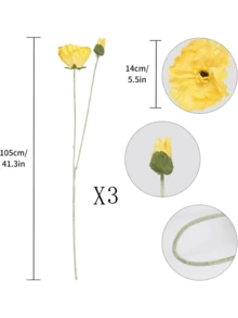 1/2/3支仿真罂粟花，长度105厘米，栩栩如生，简约现代风格，可弯曲且不褪色 - 适用于DIY花墙、场景装饰、客厅/卧室花瓶插花、婚礼、派对等场合 - 黃色 - 查看 8