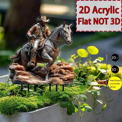 Cowboy montado a cavalo em acrílico, 2D, para jardim - Decoração rústica de fazenda para áreas externas, perfeita para quintal, gramado e vasos de plantas - Presente ideal para aniversário ou inauguração de casa.
