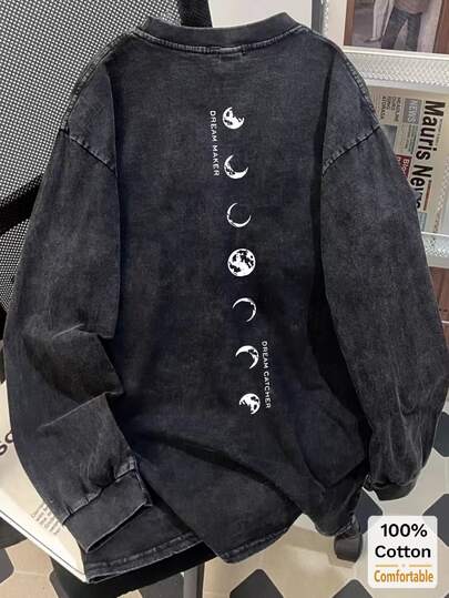 女士超大复古黑色水洗棉长袖T恤，月亮印花，宽松显瘦设计