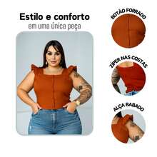 Women's Summer Plus Size Cropped Blouse With Ruffled Sleeves, Button Detail, Back Zipper, Curve Look, Sizes 44 To 54 - Terracotta - View 4