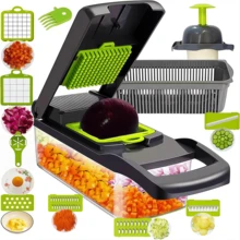 Set di utensili da cucina multifunzionali 14-in-1, include tritatutto manuale per verdure, affettatrice per frutta, grattugia per alimenti, tritatutto per cipolle e grattugia per patate con contenitore, ottimo per grigliate e cottura all'aperto