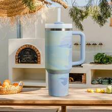 Compatible With Stanley 40 Oz H2.0 Tumbler With Handle, Double Walled Vacuum Insulated Stainless Steel Water Bottle Premium Summer Drinkware Portable Handy Flask Travel Mug Iced Coffee Cup For Outdoor Camping, Hiking, Driving, Travel, Perfect Gift Idea - 淺藍色 - 查看 2