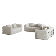 Chenille 2-In-1 Sofa Bed With Armrest Storage Pocket, Three Metal Frames And Multiple Configuration Options - 卡其色+雪尼爾+6座 - 查看 2