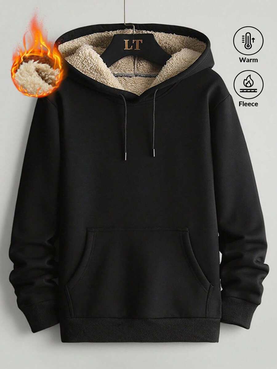 (Se recomienda talla superior) Sudadera con capucha minimalista de unicolor para hombres con forro polar cálido para otoño e invierno, manga larga térmica, ropa de invierno, sudadera negra, sudadera unisex