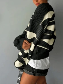 2025 Plus Size Autumn/Winter Oversized Classic Striped Comfortable Round Neck Sweater For Women - Black - View 3