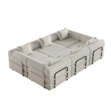 Chenille 2-In-1 Sofa Bed With Armrest Storage Pocket, Three Metal Frames And Multiple Configuration Options - 卡其色+雪尼爾+6座 - 查看 5