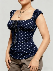 Women's Y2k Lace Trim Polka Dots T Shirt Cap Sleeve V Neck Ruched Bow Tee Crop Tops Streetwear - 藏青色 - 查看 3