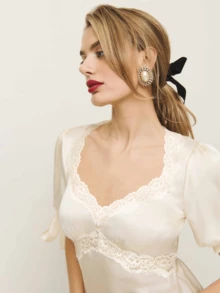 Women's Lace Patchwork V Neck Satin Blouse Drawstring Short Short Sleeve Party Blouse Going Out Shirts Tops - Rượu sâm banh - Xem 4