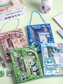 一套3D卡通文具套装，包含铅笔、橡皮和尺子，适合学习、圣诞节及其他节日作为礼物。文具礼盒套装，返校礼物。 - 彩色 - 查看 1