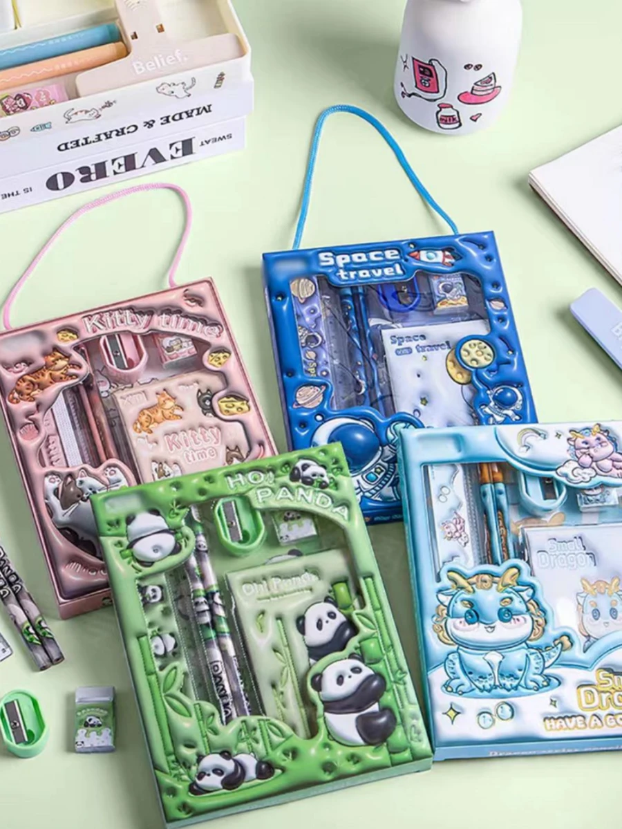 一套3D卡通文具套装，包含铅笔、橡皮和尺子，适合学习、圣诞节及其他节日作为礼物。文具礼盒套装，返校礼物。 - 彩色 - 查看 1