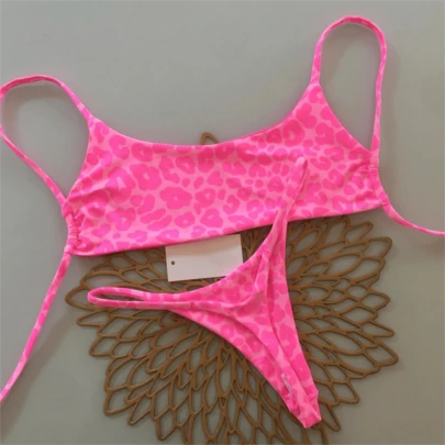 2 piezas Traje de baño con estampado geométrico y floral tropical, bikini casual, lindo, elegante y sexy con estilo bohemio y lazada, adecuado para vacaciones de primavera/verano en la playa, conjunto de mujer, atuendo de playa, bikini de mujer, traje de baño de mujer