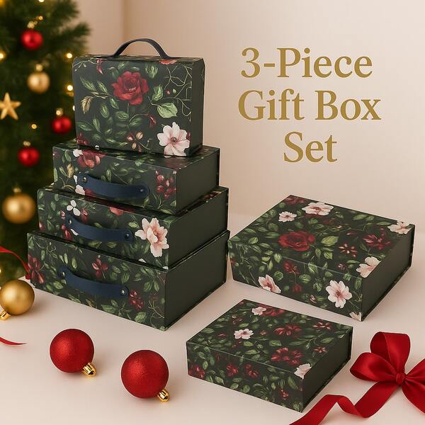 NICE LIFE 3 Stücke Blumen Koffer Geschenkbox Set, dekorative Papier Aufbewahrungsboxen mit Griff für Hochzeit, Geburtstag und Feiertags Geschenke