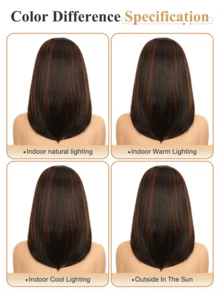 层次剪裁直发U型挑染棕色假发，Yaki直发无胶合成纤维，24英寸和14英寸短款U型波波头假发，适合，无需留发，无需缝合，无需胶水，夹式半头假发