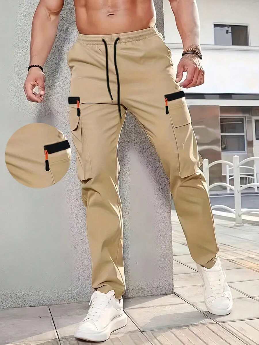 男士户外徒步、钓鱼、露营、登山、健身、跑步及休闲时尚工作服，拉链口袋，弹性腰带，斜插口袋，直筒灰色运动裤