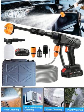 Cordless Washer, Portable Car Washer, Handheld Car Wash Gun With Foam Sprayer, 5 Meter Hose, For Car, Floor, Yard Cleaning And Watering