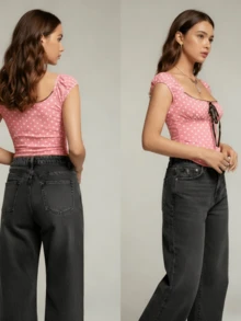 Women's Y2k Lace Trim Polka Dots T Shirt Cap Sleeve V Neck Ruched Bow Tee Crop Tops Streetwear - 粉色 - 查看 3