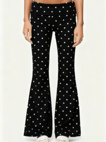 Womens Fold Over Yoga Pants Polka Dot Print Low Rise Lounge Flare Sweatpants Foldover Leggings - 黑色 - 查看 4