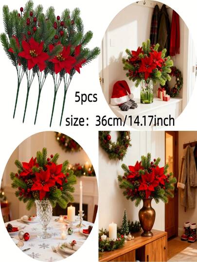 5 Stücke hochwertige künstliche Poinsettia Tannenzweige, kombiniert mit realistischen Tannenzapfen und Beeren - geeignet für Heim-Dekoration, Blumenkranz-Dekoration, DIY Innen- und Außendekoration für Hochzeiten, Partys, Veranda, Garten, Innen- und Außenbereich, Festivaldekorationen, Frühlingsdekoration, Eventplanung, Festivaldekorationen, Simulierte Blumendekoration