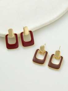 4Pcs/2Pcs Elegant Gold Brown Enamel Square Dangle Earrings, Enamel Hollow Drop Earrings For Women Daily Wear, Modern Geometric Statement Jewelry - Square Earrings - View 9