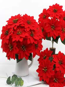 4pcs/Set Large Vivid Red Poinsettia Artificial Flower Bouquet, Suitable For Christmas/Indoor & Outdoor Holiday Decor, Poinsettia Flower Bouquet, Home Decor Fake Flowers, Indoor & Outdoor Decorative Flowers, Holiday Decor Flowers, Maintenance-Free Artificial Plants, Durable