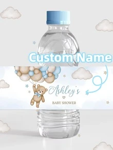 Personalized Baby Shower Water Bottle Labels, Customized Name Teddy Bear Water Bottle Stickers, Blue Balloon Theme Boy Baby Shower Decorations, Baby Shower Supplies, Party Decorations - Multicolor - View 1