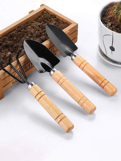 3 PiecesSucculent Gardening Tool Set - Durable Metal & Wood Hand Tools, Miniature Spade, Shovel & Rake, Ideal For Potting & Planting Without Electricity