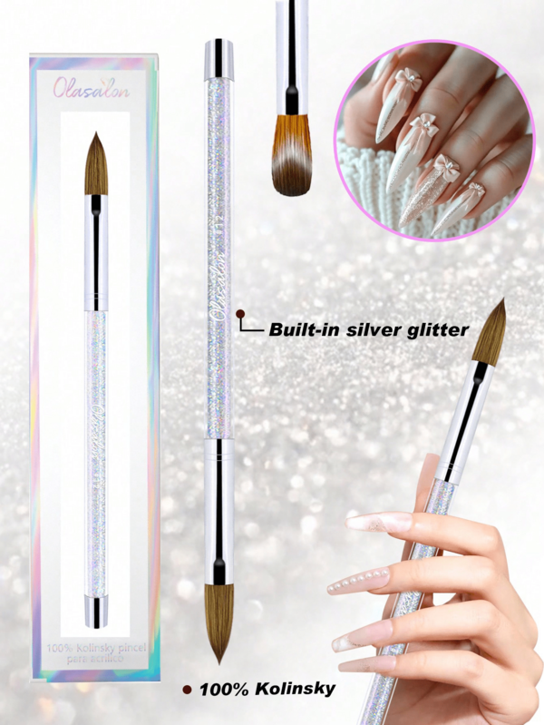 Pennello per unghie in puro pelo di Kolinsky Olasalon al 100% per polvere acrilica per arte di unghie - Manico ovale arricciato, glitter argento trasparente, nuovo look per manicure e unghie