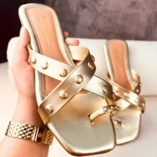 Amizzara Flat Sandal With Cross Strap And Sphere Rivet, Modern Summer - 金色 - 查看 11