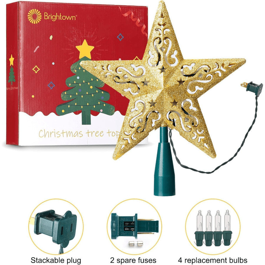 Tree Topper, 9.5 In  In Golden Glittered 3D  Tree Topper, Metal Hollow Designed Built-In 10 Bulbs String S  Indoor Off  New Year Holiday Tree Dration