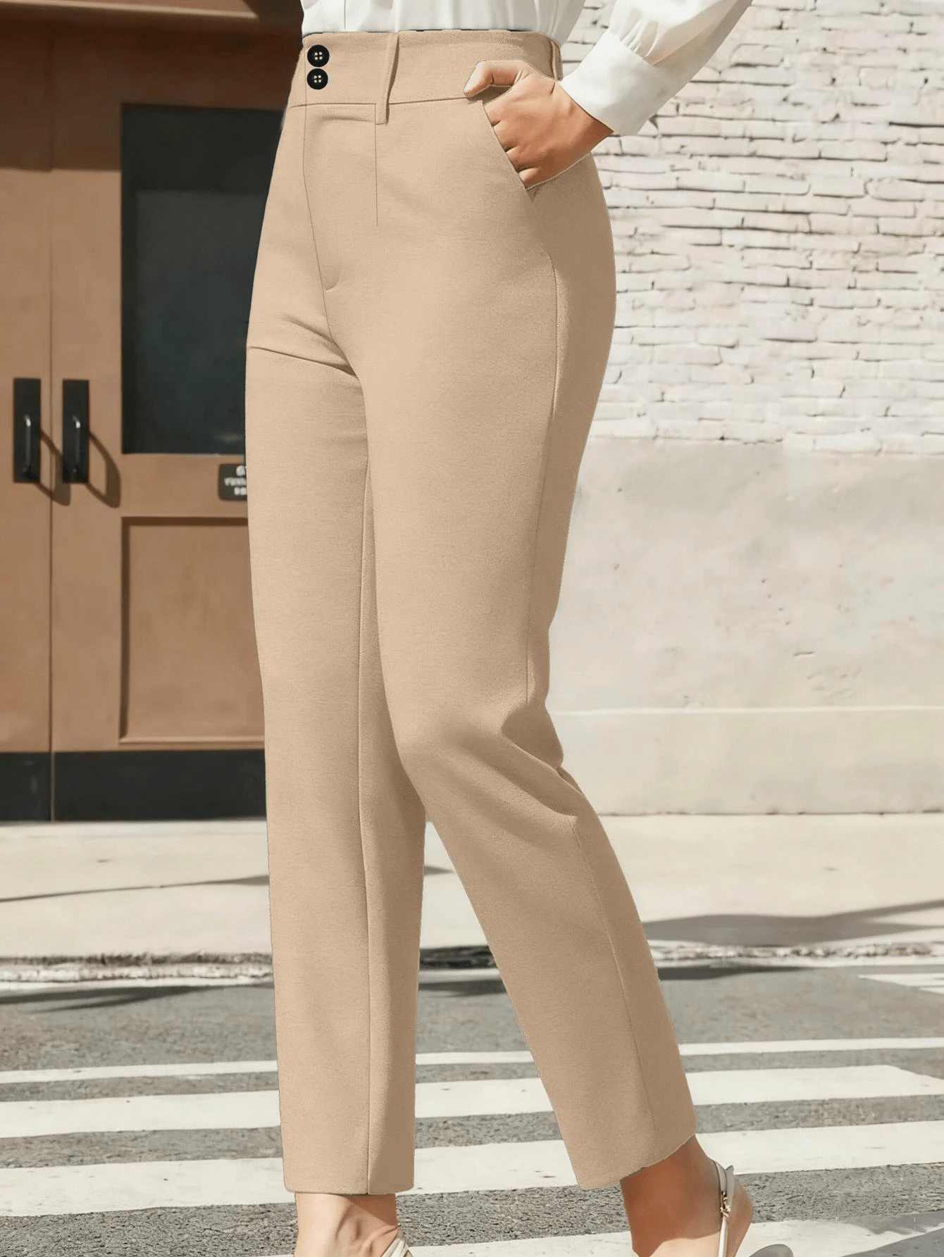 High Waist Double Button Design Slim Fit Pants Spring - Khaki - View 1