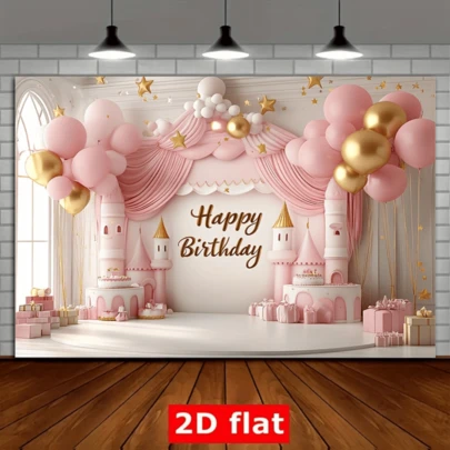 Nền công chúa thành phố phẳng 2D, đồ trang trí tiệc sinh nhật mơ mộng, đạo cụ chụp ảnh và đồ trang trí nhà cửa, bao gồm lâu đài tráng lệ, cổng vòm và vòng hoa bóng bay ngày lễ, không cần điện