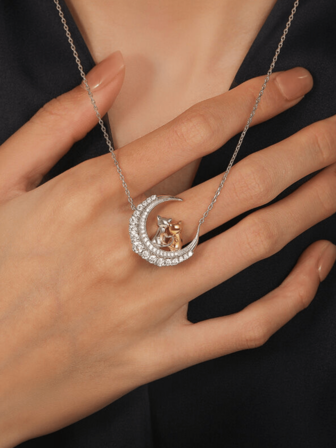 925 Sterling Silver Bicolor Cat & Moon Pendant Necklace For Women, Hypoallergenic, Cute Starry Sky Charm Jewelry Gift For Her, Valentine's Day, Birthday, Christmas