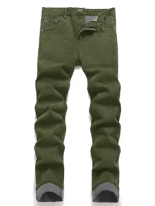 4 Pcs Men's Slim Fit Solid Color Jeans Multi-Pack | Classic Versatile All-Season Denim Trousers Bundle For Casual Wear - Kaki + Xanh lá + Xanh dương + Đen - Xem 7