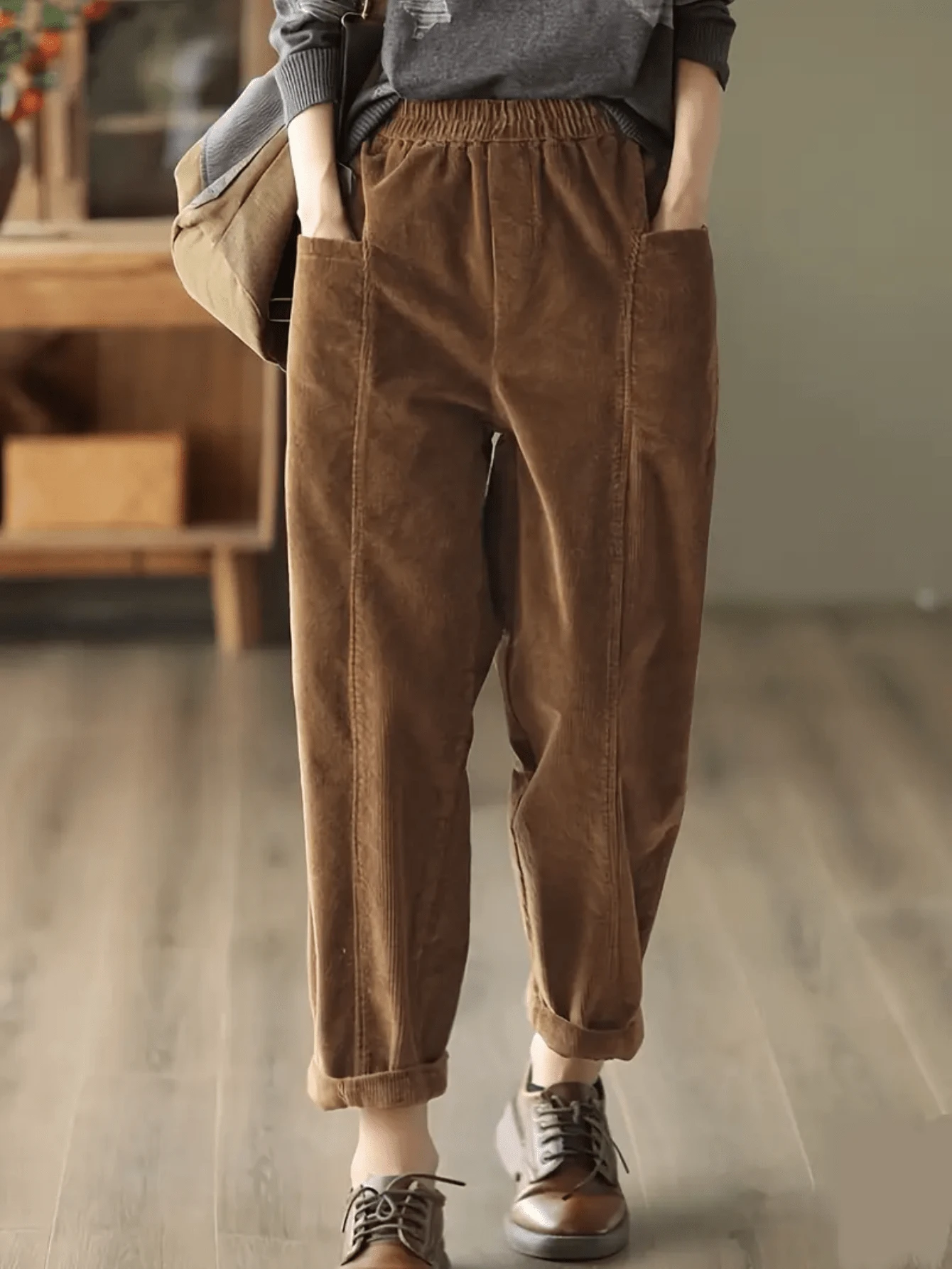 女士弹性腰带口袋休闲日常裤 - 棕色 - 查看 1