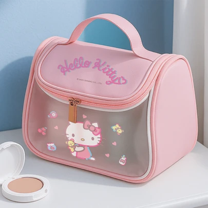 Bolsa de maquillaje transparente de Hello Kitty, asa rosa con diseño icónico de Kitty, panel transparente para ver fácilmente el contenido, ideal para organizar productos para el cuidado de la piel y cosméticos, adecuada para uso diario y viajes.
