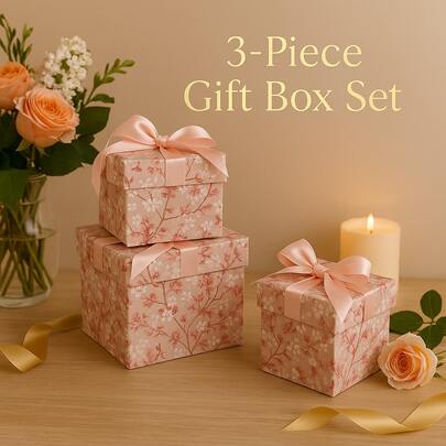 NICE LIFE 3 Stücke Rosa Blumen Geschenkbox Set mit Schleife, elegante dekorative quadratische Boxen für Hochzeiten, Geburtstage und besondere Anlässe