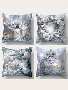 4pcs Golden Christmas Tree Pattern Pillow Set - Soft And Comfortable Polyester With Zipper Design, Machine Washable, Suitable For All Room Types (Excludes Insert) - Sizes: 15.7x15.7, 17.7x17.7, 19.7x19.7Inches - Silver - View 10