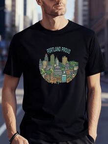 Herren-T-Shirt mit Rundhalsausschnitt und Portland-Skyline- und Rosenprint, aus hochwertiger, weicher Baumwolle,  Freizeitstil, bequemes Alltags-T-Shirt, einzigartiges Design für Herren - Schwarz - Übersicht 1