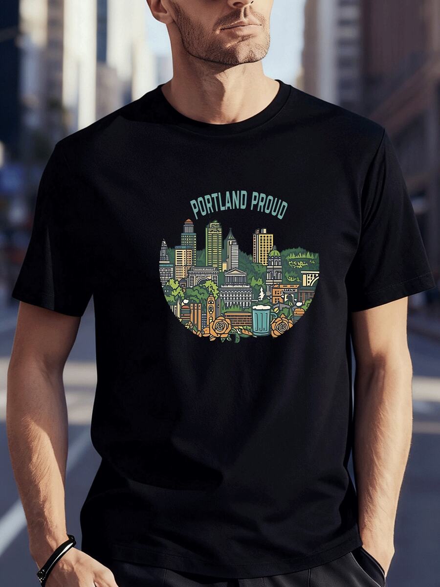 Herren-T-Shirt mit Rundhalsausschnitt und Portland-Skyline- und Rosenprint, aus hochwertiger, weicher Baumwolle,  Freizeitstil, bequemes Alltags-T-Shirt, einzigartiges Design für Herren - Schwarz - Übersicht 1
